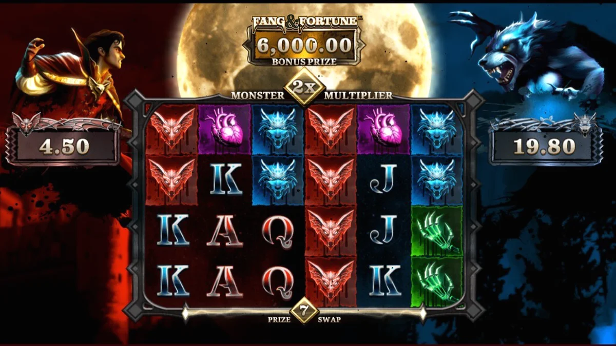 Tampilan visual slot Fang & Fortune dengan tema gothic dan monster