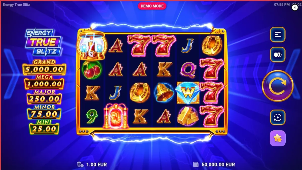 Tampilan visual slot Energy True Blitz dengan tema neon dan listrik